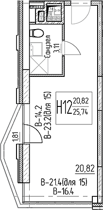 Планировка — Аметист, Студия, 24 м²