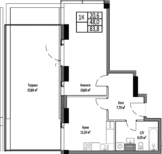 Планировка — Мираполис, 1-комн., 48 м²