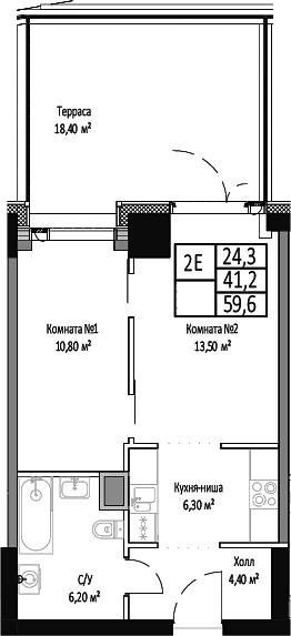 Планировка — Мираполис, 2-комн., 41 м²