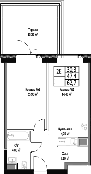 Планировка — Мираполис, 2-комн., 47 м²