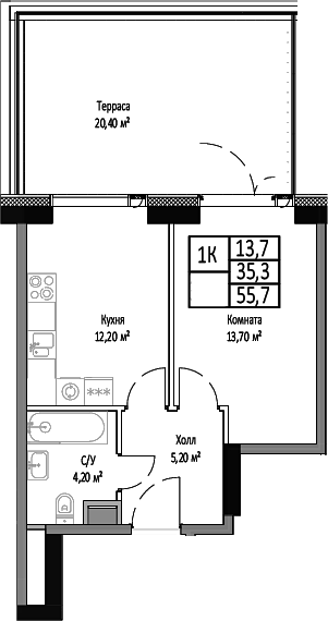 Планировка — Мираполис, 1-комн., 35 м²