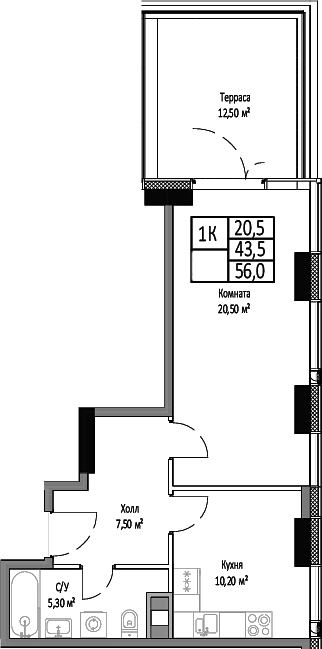 Планировка — Мираполис, 1-комн., 44 м²