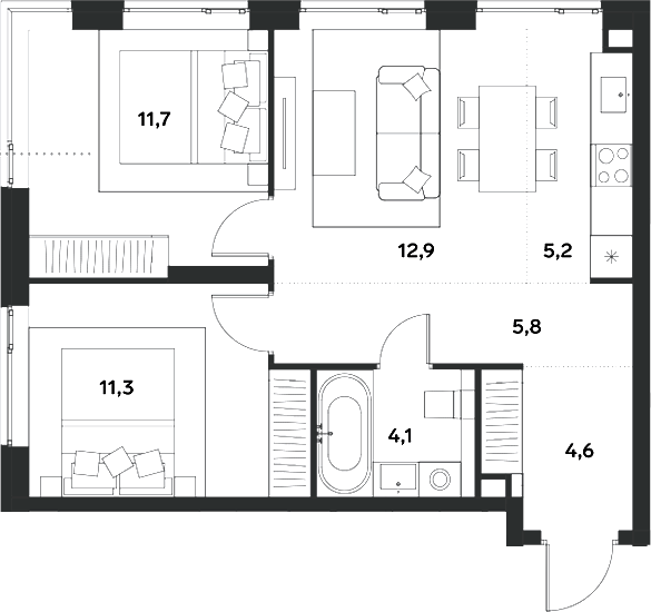 Планировка — ALIA, 3-комн., 56 м²