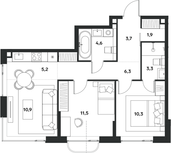 Планировка — ALIA, 3-комн., 58 м²