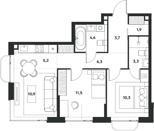 Планировка — ALIA, 3-комн., 58 м²