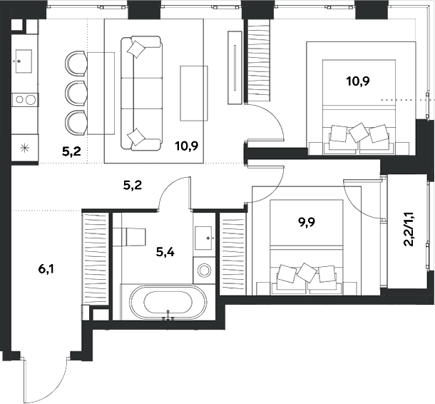 Планировка — ALIA, 3-комн., 54 м²