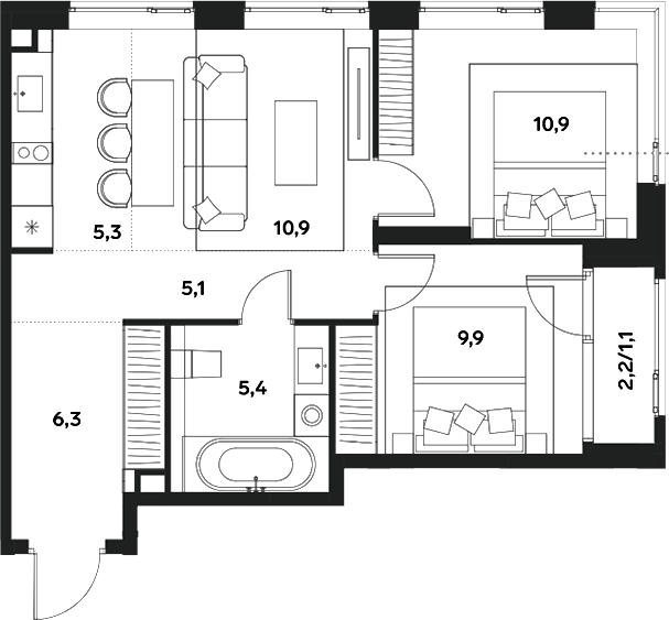 Планировка — ALIA, 3-комн., 54 м²