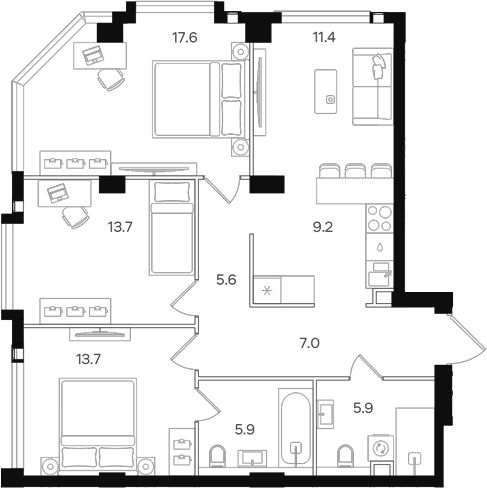 Планировка — АУРА. Мангазея на Тульской, 4-комн., 90 м²