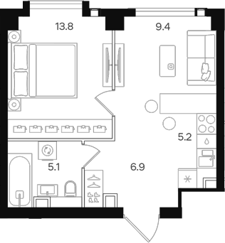 Планировка — АУРА. Мангазея на Тульской, 2-комн., 40 м²