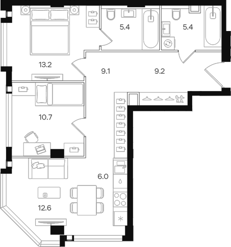 Планировка — АУРА. Мангазея на Тульской, 3-комн., 72 м²