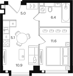Планировка — АУРА. Мангазея на Тульской, 2-комн., 39 м²