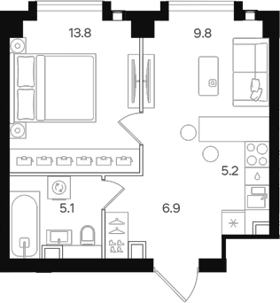 Планировка — АУРА. Мангазея на Тульской, 2-комн., 41 м²