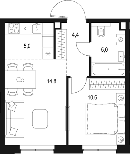 Планировка — Левел Мичуринский, 2-комн., 40 м²