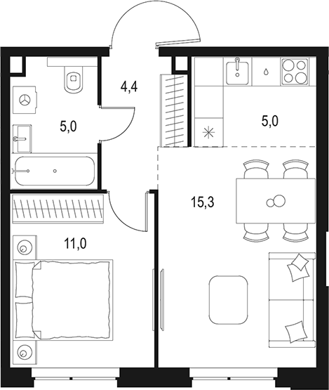 Планировка — Левел Мичуринский, 2-комн., 41 м²