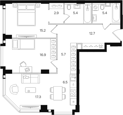 Планировка — АУРА. Мангазея на Тульской, 3-комн., 88 м²
