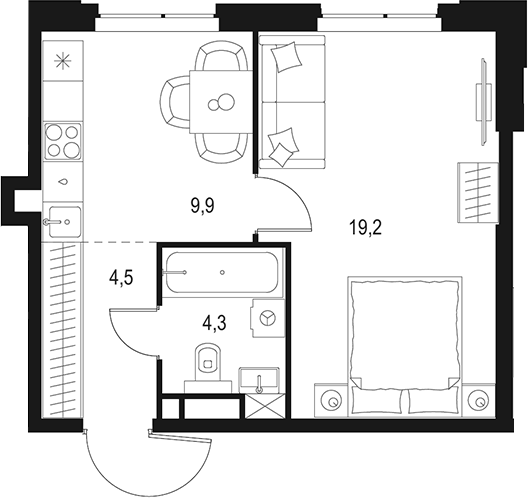 Планировка — Левел Мичуринский, 1-комн., 38 м²
