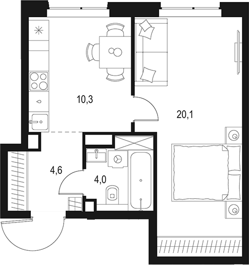 Планировка — Левел Мичуринский, 1-комн., 39 м²