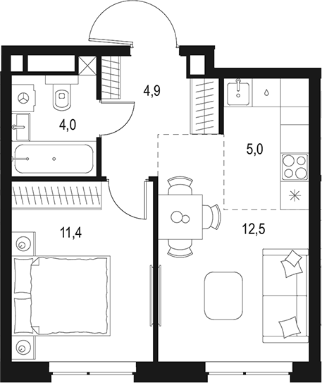 Планировка — Левел Мичуринский, 2-комн., 38 м²