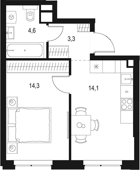 Планировка — Левел Мичуринский, 1-комн., 36 м²