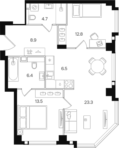 Планировка — АУРА. Мангазея на Тульской, 3-комн., 76 м²