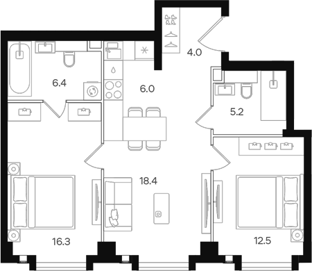 Планировка — АУРА. Мангазея на Тульской, 3-комн., 69 м²