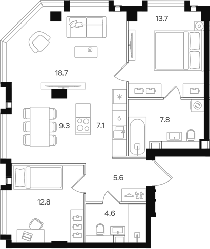 Планировка — АУРА. Мангазея на Тульской, 3-комн., 80 м²