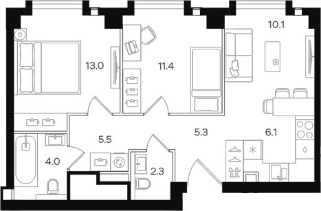 Планировка — АУРА. Мангазея на Тульской, 3-комн., 58 м²
