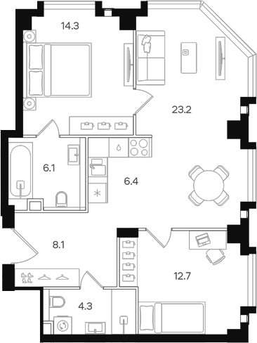 Планировка — АУРА. Мангазея на Тульской, 3-комн., 75 м²
