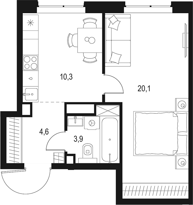Планировка — Левел Мичуринский, 1-комн., 39 м²