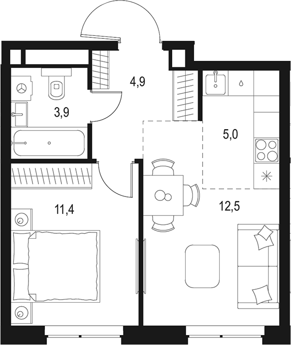 Планировка — Левел Мичуринский, 2-комн., 38 м²