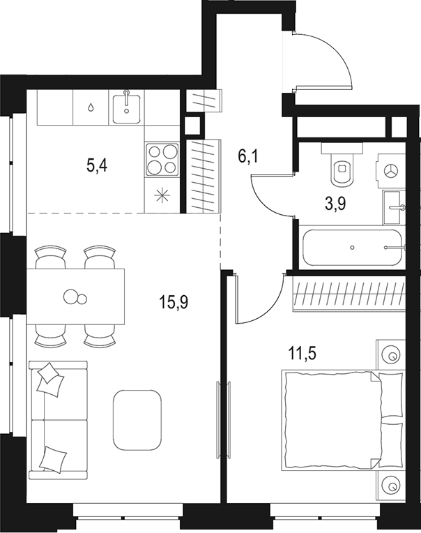 Планировка — Левел Мичуринский, 2-комн., 43 м²