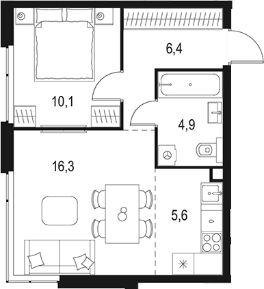 Планировка — Левел Мичуринский, 2-комн., 43 м²