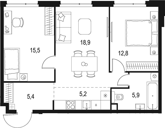 Планировка — Левел Мичуринский, 3-комн., 64 м²