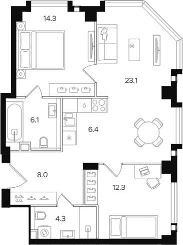 Планировка — АУРА. Мангазея на Тульской, 3-комн., 75 м²