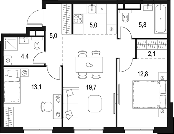 Планировка — Левел Мичуринский, 3-комн., 68 м²