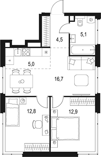 Планировка — Левел Мичуринский, 3-комн., 57 м²