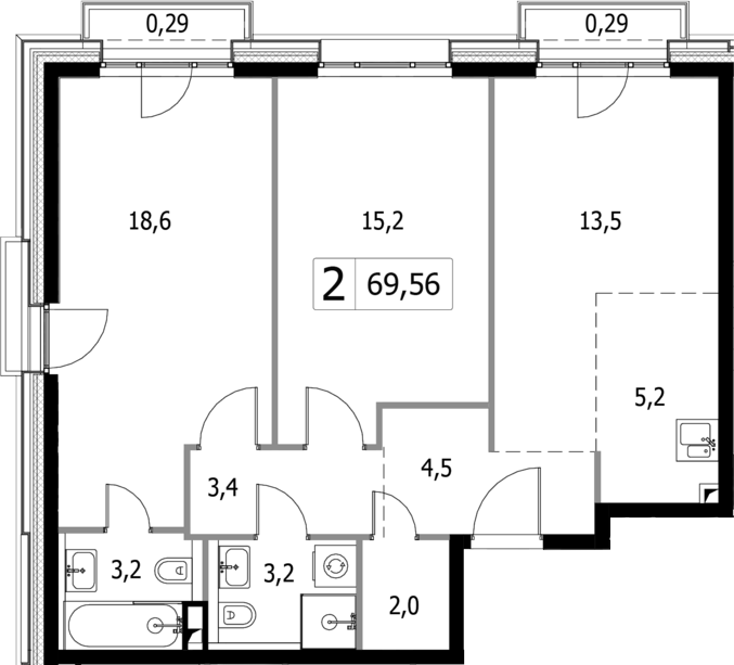 Планировка — Селигер Сити, 3-комн., 69 м²