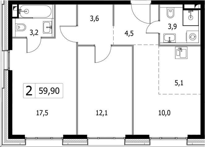 Планировка — Селигер Сити, 3-комн., 60 м²