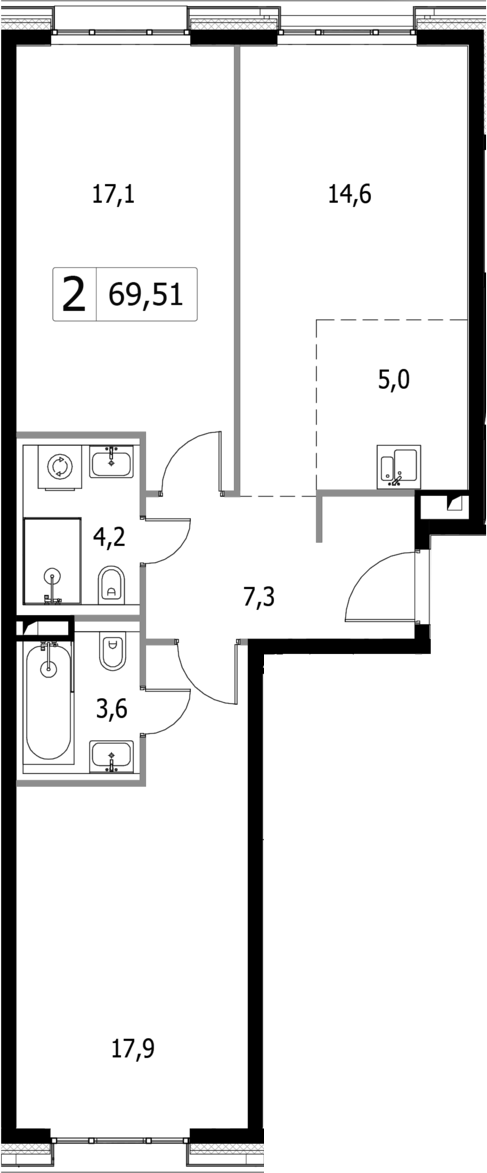 Планировка — Селигер Сити, 3-комн., 70 м²