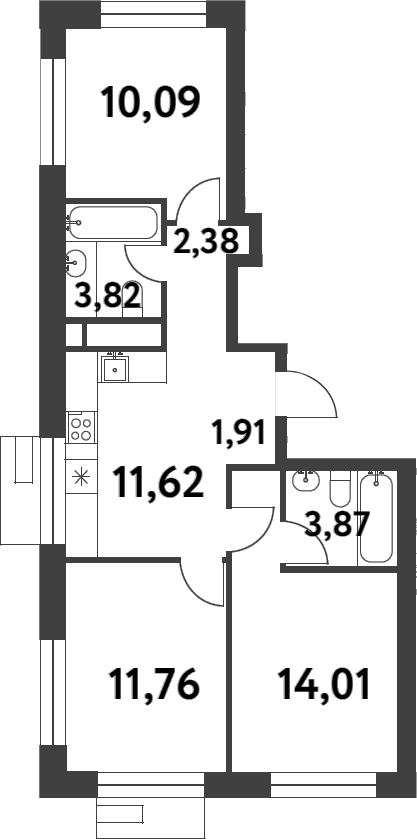 Планировка — Smart Garden, 3-комн., 59 м²