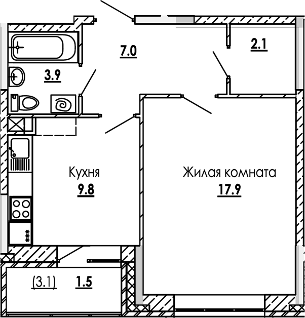 Планировка — Малиново, 1-комн., 41 м²