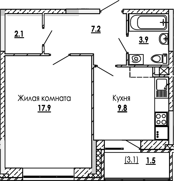 Планировка — Малиново, 1-комн., 41 м²