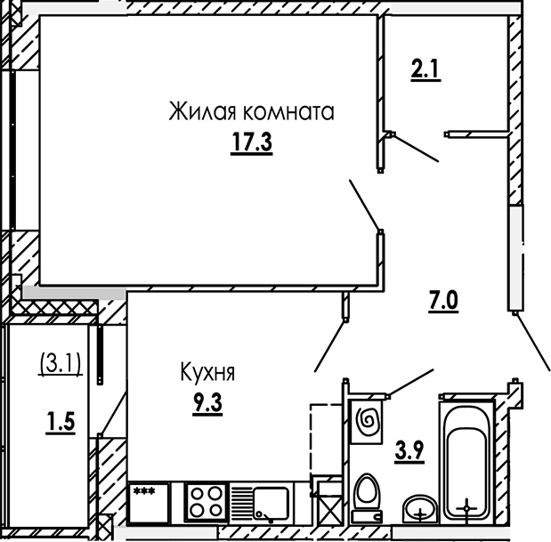 Планировка — Малиново, 1-комн., 40 м²
