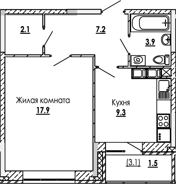 Планировка — Малиново, 1-комн., 40 м²