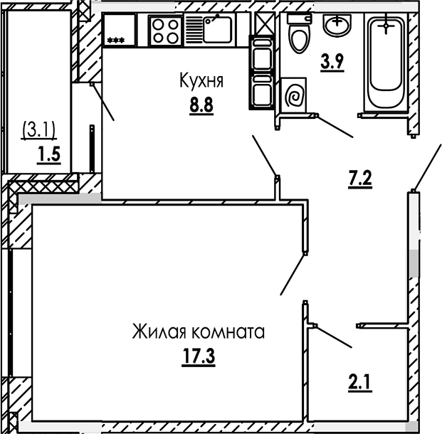Планировка — Малиново, 1-комн., 39 м²