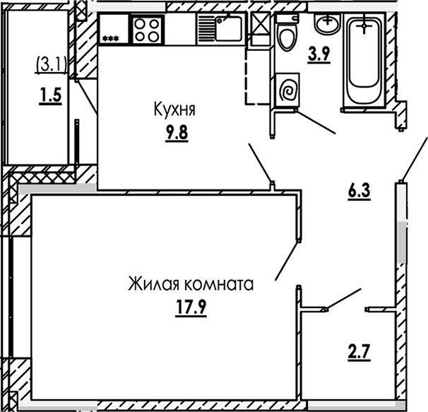 Планировка — Малиново, 1-комн., 41 м²