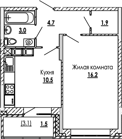 Планировка — Малиново, 1-комн., 36 м²