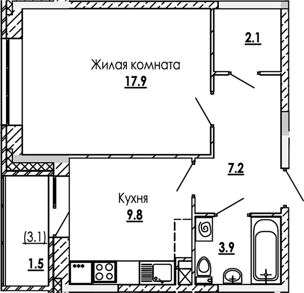 Планировка — Малиново, 1-комн., 41 м²