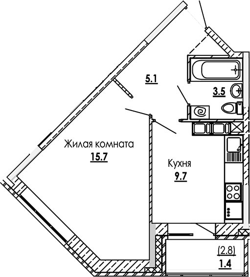 Планировка — Малиново, 1-комн., 34 м²
