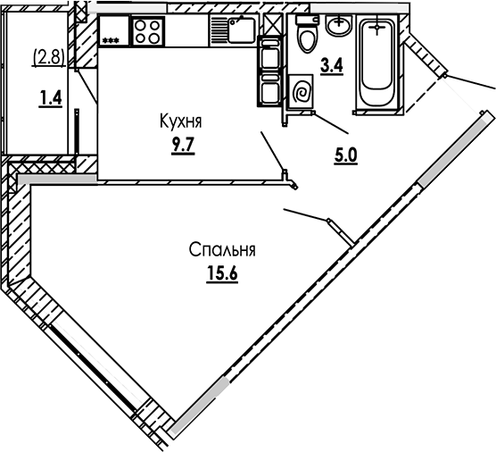 Планировка — Малиново, 1-комн., 34 м²